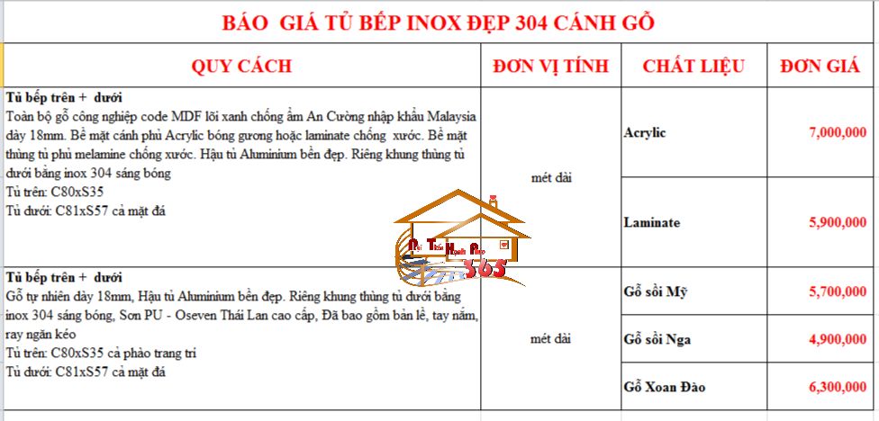 báo giá tủ bếp inox 304 cánh gỗ