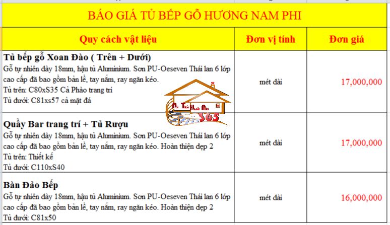 báo giá tủ bếp gỗ hương nam phi